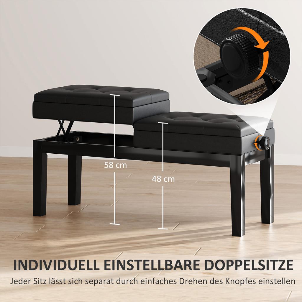 Piano Bench, Piano Stool, Faux Leather, Adjustable Double Seat, Storage, Black