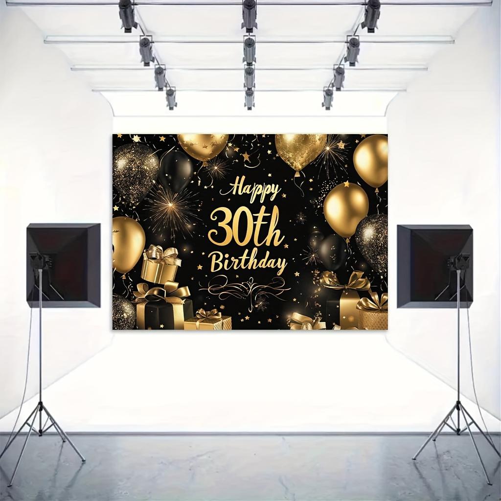 One-piece Photo Background Banner - Elegant Black and Gold "Happy 30th Birthday" Theme 2D Flat Background Fabric