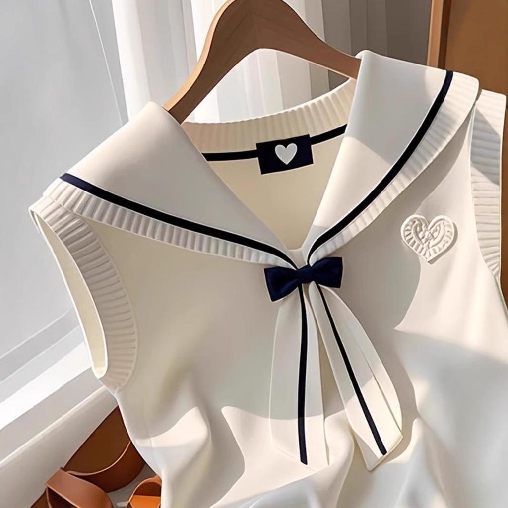 2025 Summer Milk White Knit Sailor Collar Bow Vest - Korean Style Women's Tank Top