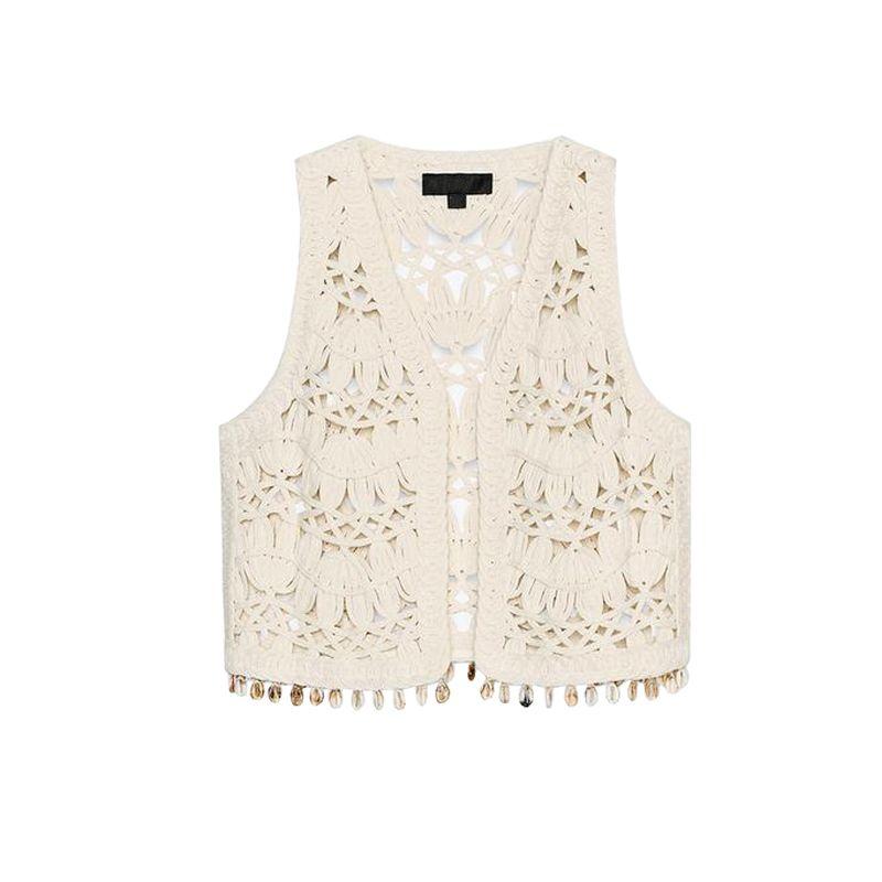Summer New Product Women's Clothes Seaside Vacation Style Shell Trim Sleeveless Cardigan Knitting Vest Jacket 2142054
