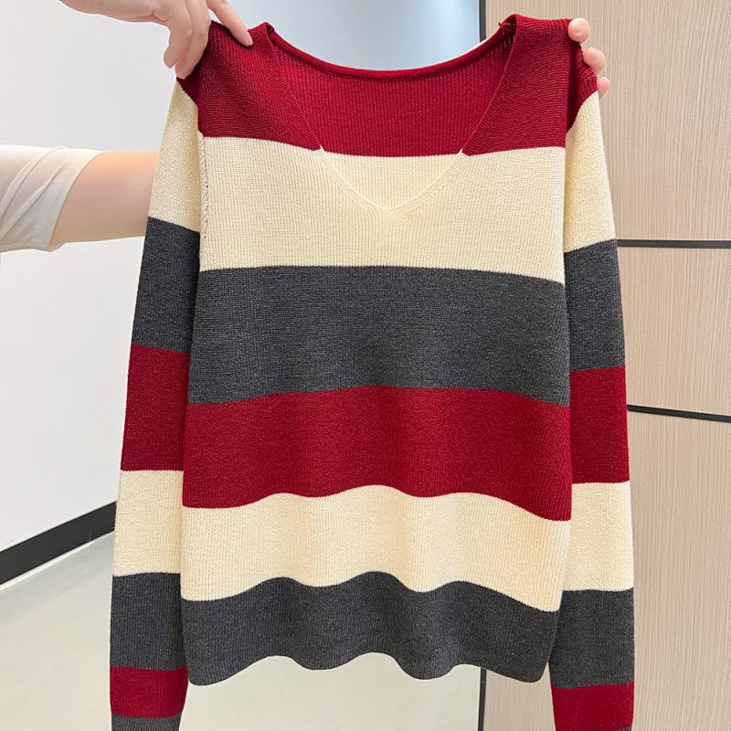 

Autumn and winter lazy style thin striped long-sleeved sweater knitted sweater top one size fits all красный
