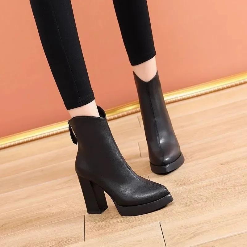 Fashion 2024 High Quality Shoes Female Slingbacks Women's Boots Autumn Pointed Toe Solid High Tube Block Heels Zipper Fashion Boots