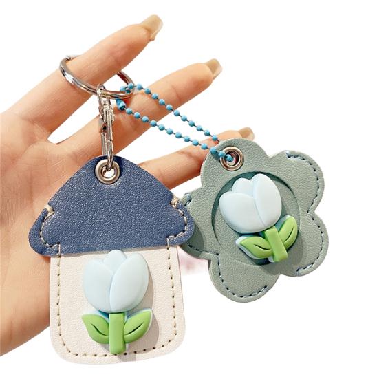 2Pcs Elegant Tulip Key Holder Faux Leather House Shape Keychain