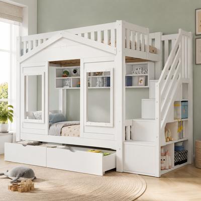 Bunk Bed, Loft Bed, Children's Bed 90x200cm with Fall Protection and Storage Staircase, Youth Bed, with Window, Solid Wood, White