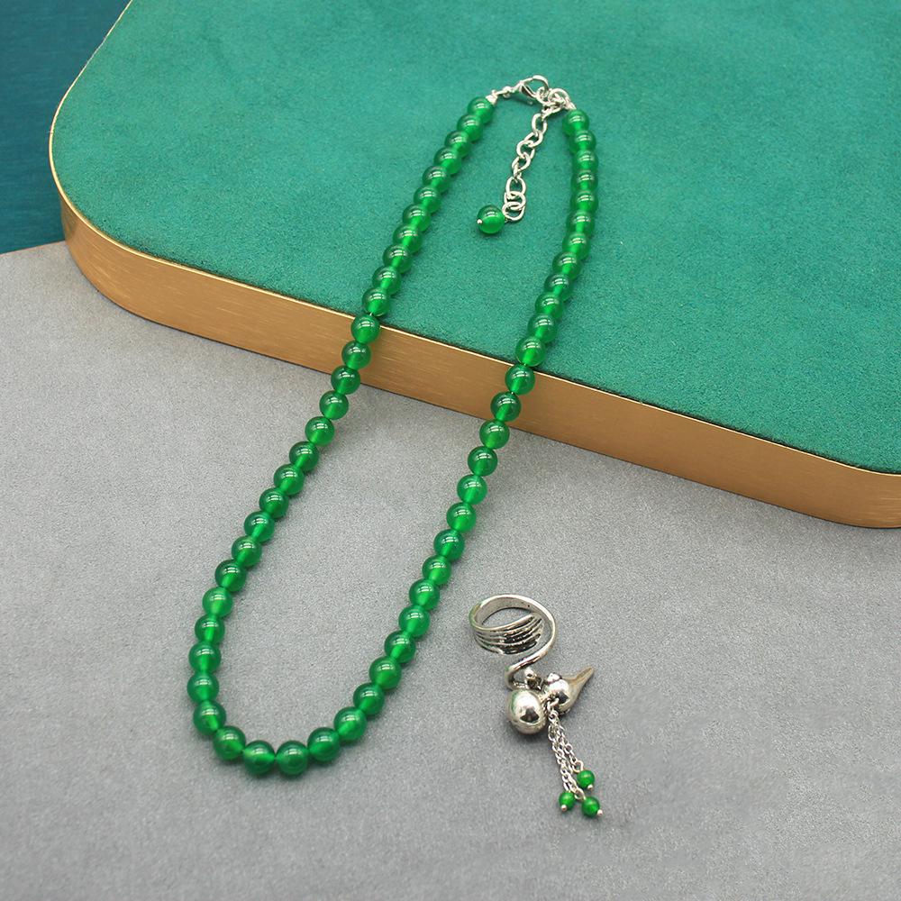 Elegant Green Agate Beaded Necklace & Gourd Ring Set for Women