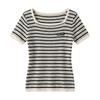 Shenzhen Nanyou~ 16 New M Home Retro Contrast Color Striped Slash Shoulder Short Sleeve Slim-fit Design Knitted Top 6716