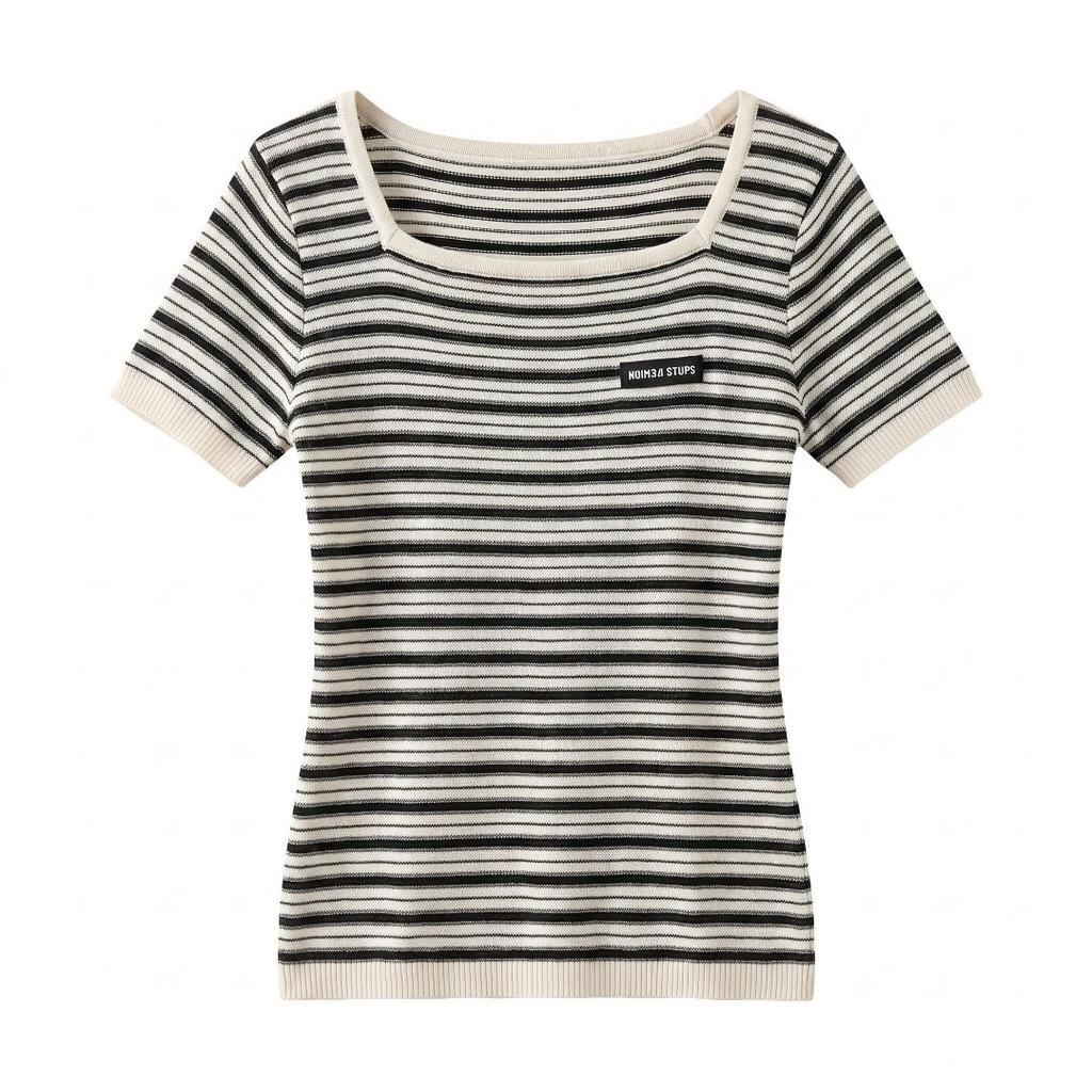 Shenzhen Nanyou~ 16 New M Home Retro Contrast Color Striped Slash Shoulder Short Sleeve Slim-fit Design Knitted Top 6716