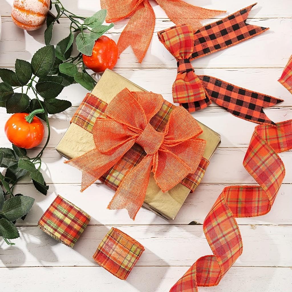Catching Thanksgiving Eye Burlap Ribbon Set With Elegant Orange Checkered Patterns For Styling Home