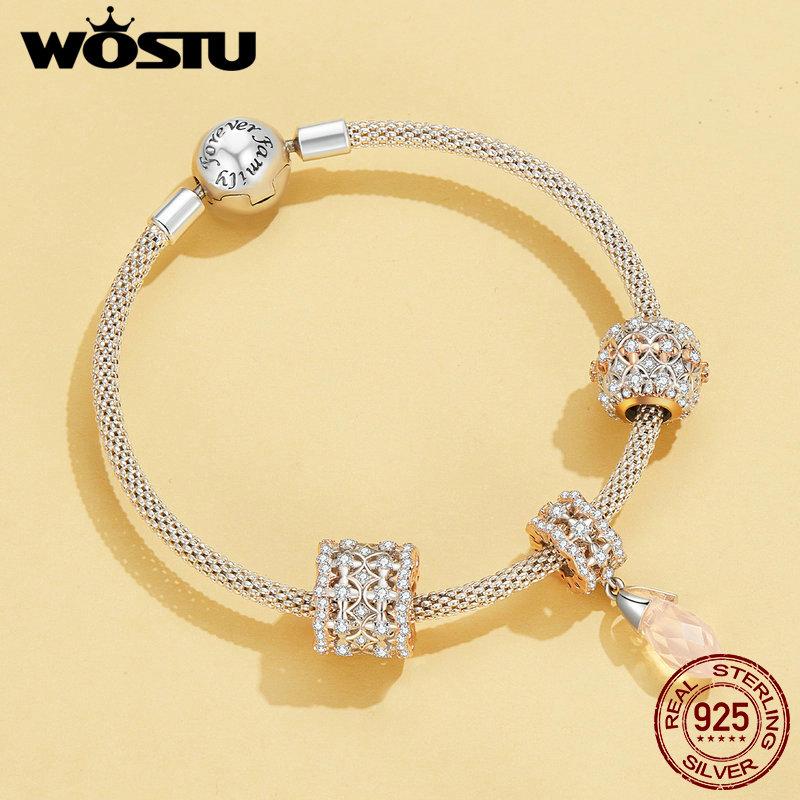 WOSTU 925 Sterling Silver Rose Gold Two-Tone Clover Heart Charms Crystal Drop Pendant Hollow Out Beads Fit DIY Bracelet Necklace