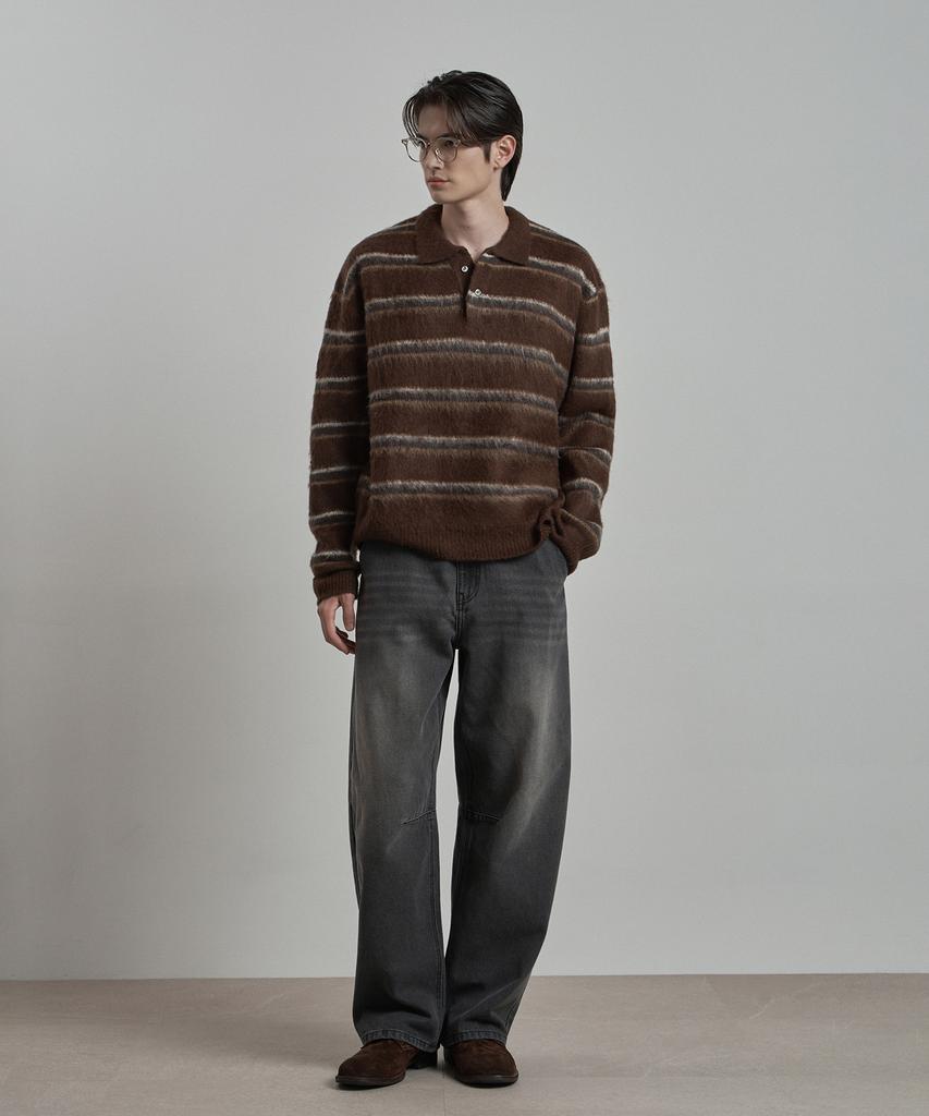 WORK ON BODY OFF Lanugo Semi-Overfit Striped Brush Collar Knit [Brown]
