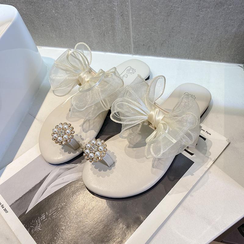 2025 New Fashionable Fairy Style Pearl Bowknot Sandals Women's Outdoor Beige Slip-On Slippers Korean Version Rubber Sole Shoes