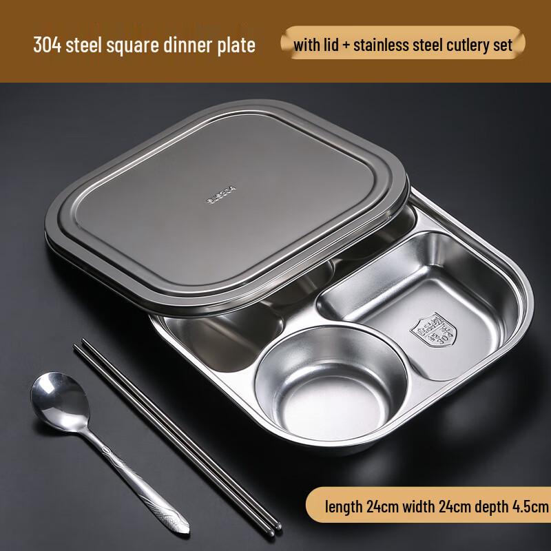 Round 304 Stainless Steel 5-Compartment Lunch Plate with Lid