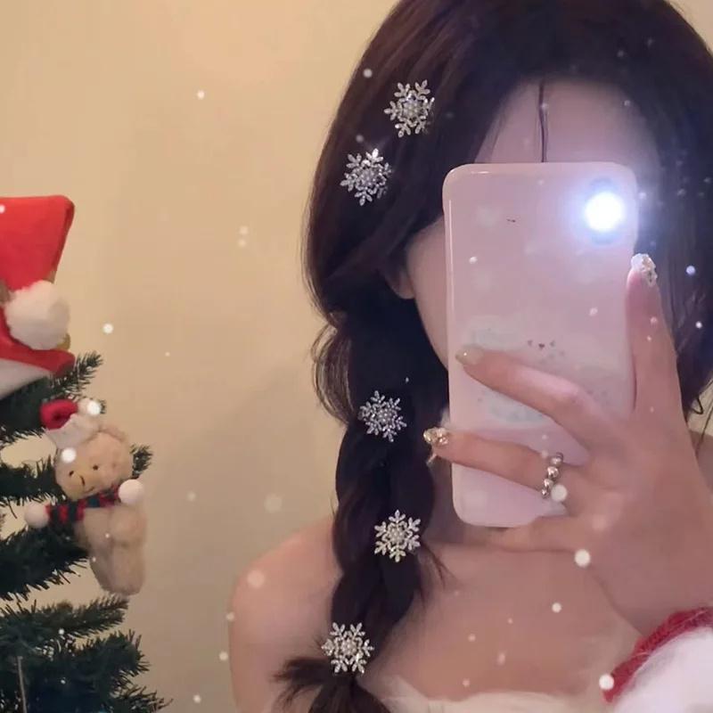 Winter Rhinestone Snowflake Side Clip Hair Pins Christmas New Year Sweet Cute Pearl Barrettes Female Hair Accessories