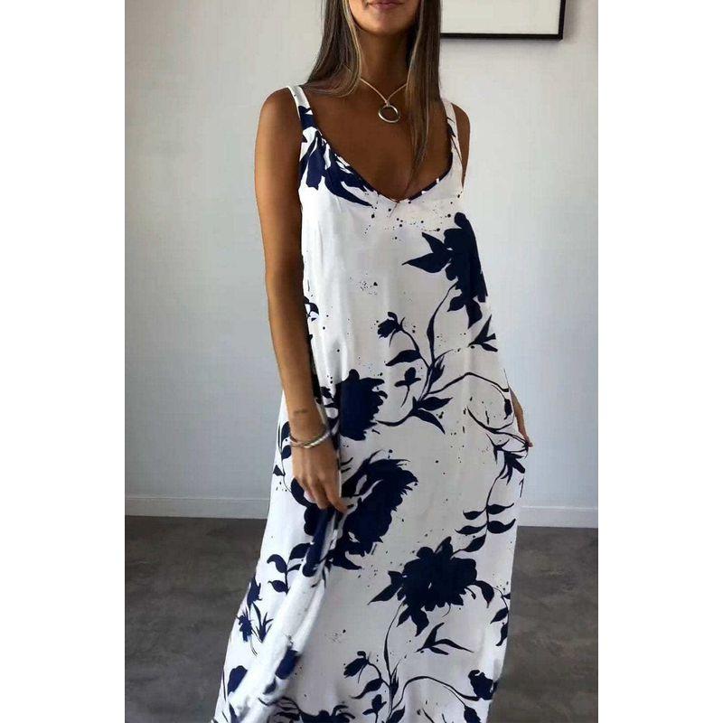 2025 Summer Cross-Border European and American Women s Fashion New Amazon Vacation Long Dress Printed Strapless Backless V-Neck Dress White M