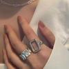 Personality Silver Color Hollow Square Geometric Mens Ring Set Punk Irregular Wave Stainless Steel Rings for Women Rock Jewelry