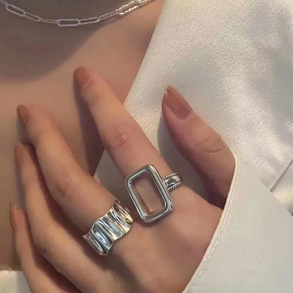 Personality Silver Color Hollow Square Geometric Mens Ring Set Punk Irregular Wave Stainless Steel Rings for Women Rock Jewelry