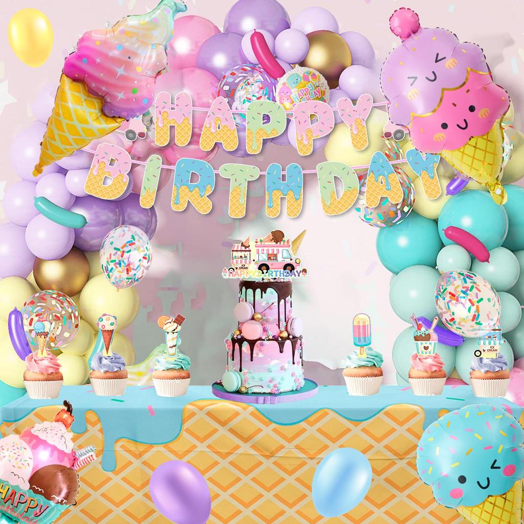 80pcs Ice Cream Birthday Party Decorations, Pastel Ice Cream Balloon Cake Toppers Banner Etc