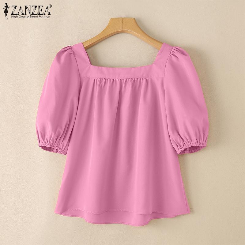 ZANZEA Women Casual Square Collar Summer Short Sleeve Blouse