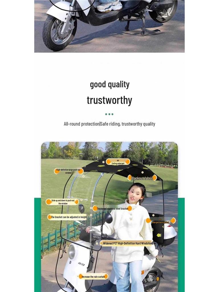 Detachable Electric Vehicle Canopy: Fully Retractable Folding Awning for Motorcycle Sunshade, Windproof, and Rainproof.