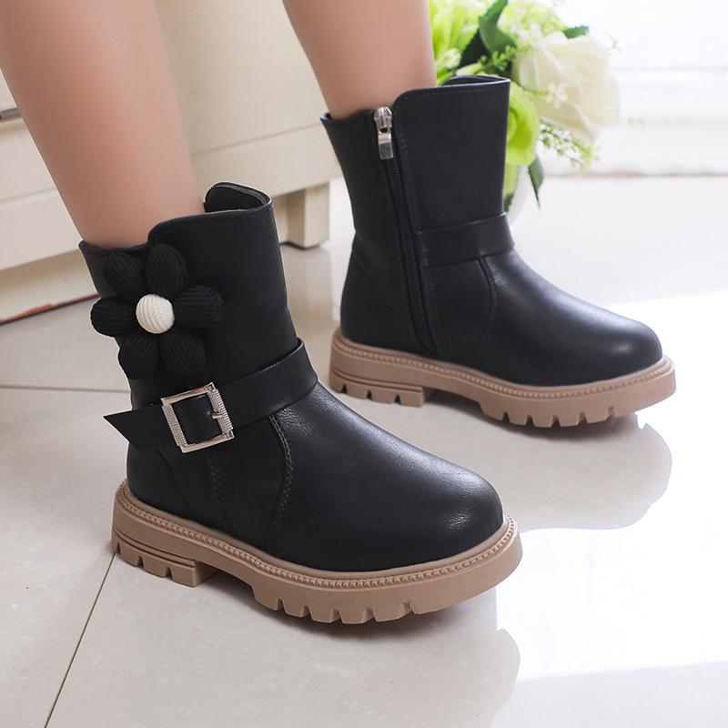 Sweet Princess Boots Flowers Cute Buckle Fashion Kids Shoes Side Zipper Children Casual Shoes PU 2024 New Brown Beige Elegant