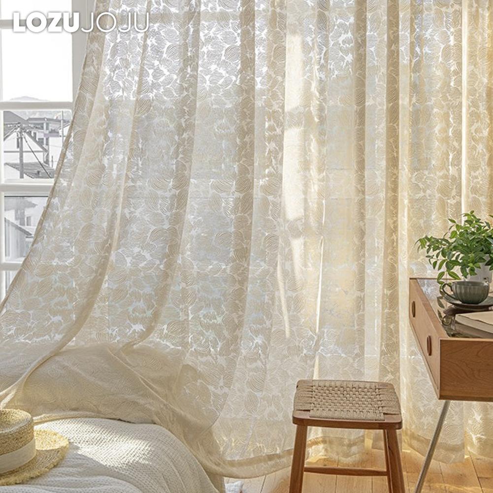 1PC LOZUJOJU Romantic and Exquisite French Hollow Transparent Tulle Beige Jacquard Sheer Curtain for Living Room Bedroom Balcony Window Home Decor