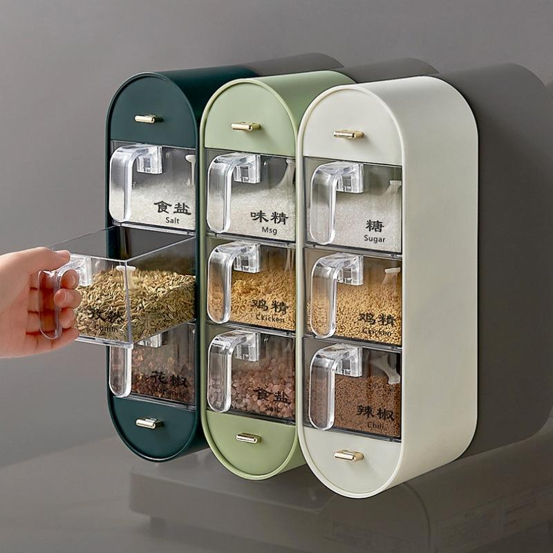 Gewürz-Organizer-Box zur Wandmontage, Gewürzregal, Aufbewahrung, Salzstreuer, Behälter, Boxen ohne Schlag, Zucker mit Löffeln