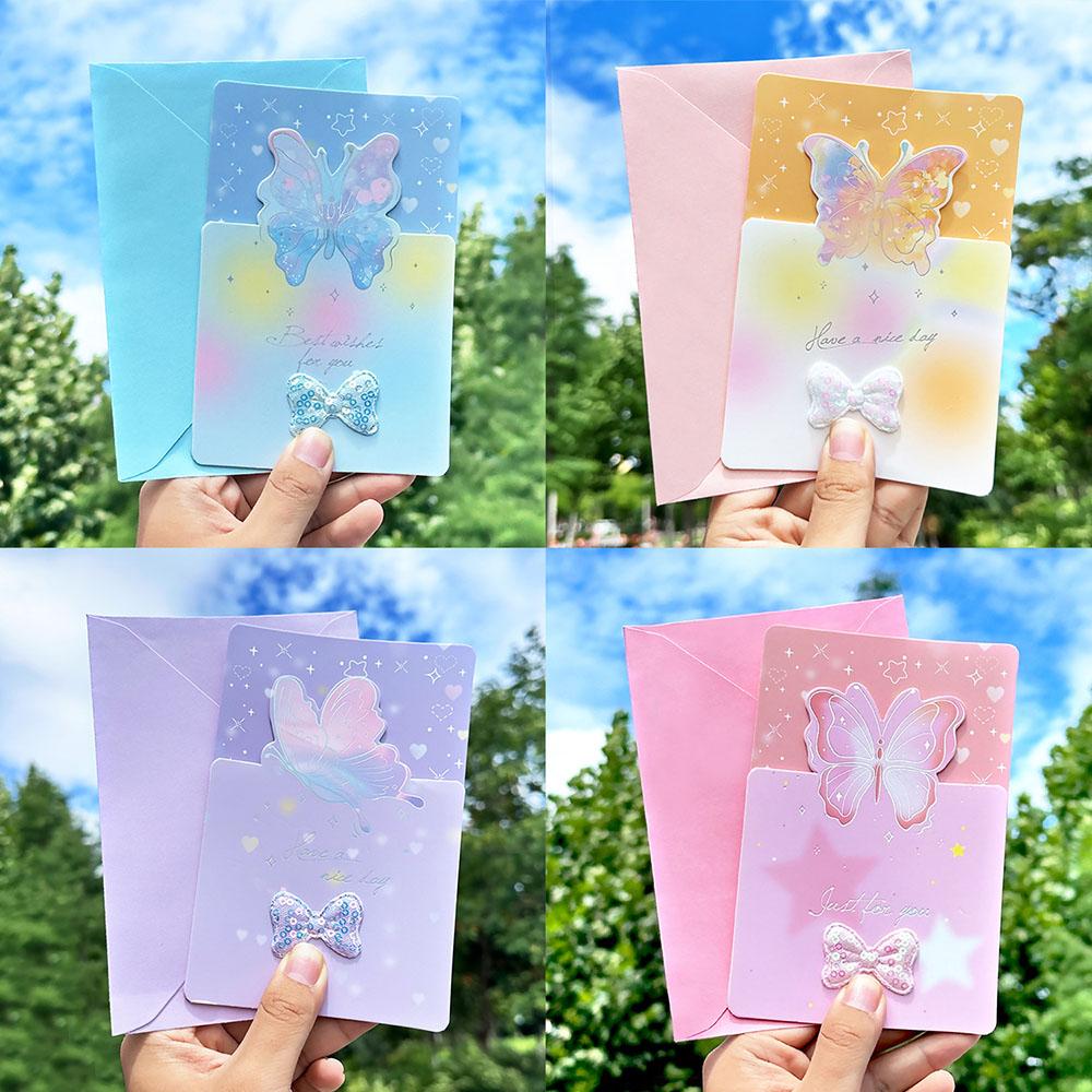 4 pcs Butterfly shaped greeting card, exquisite message envelope, postcard, bow, three fold discount card