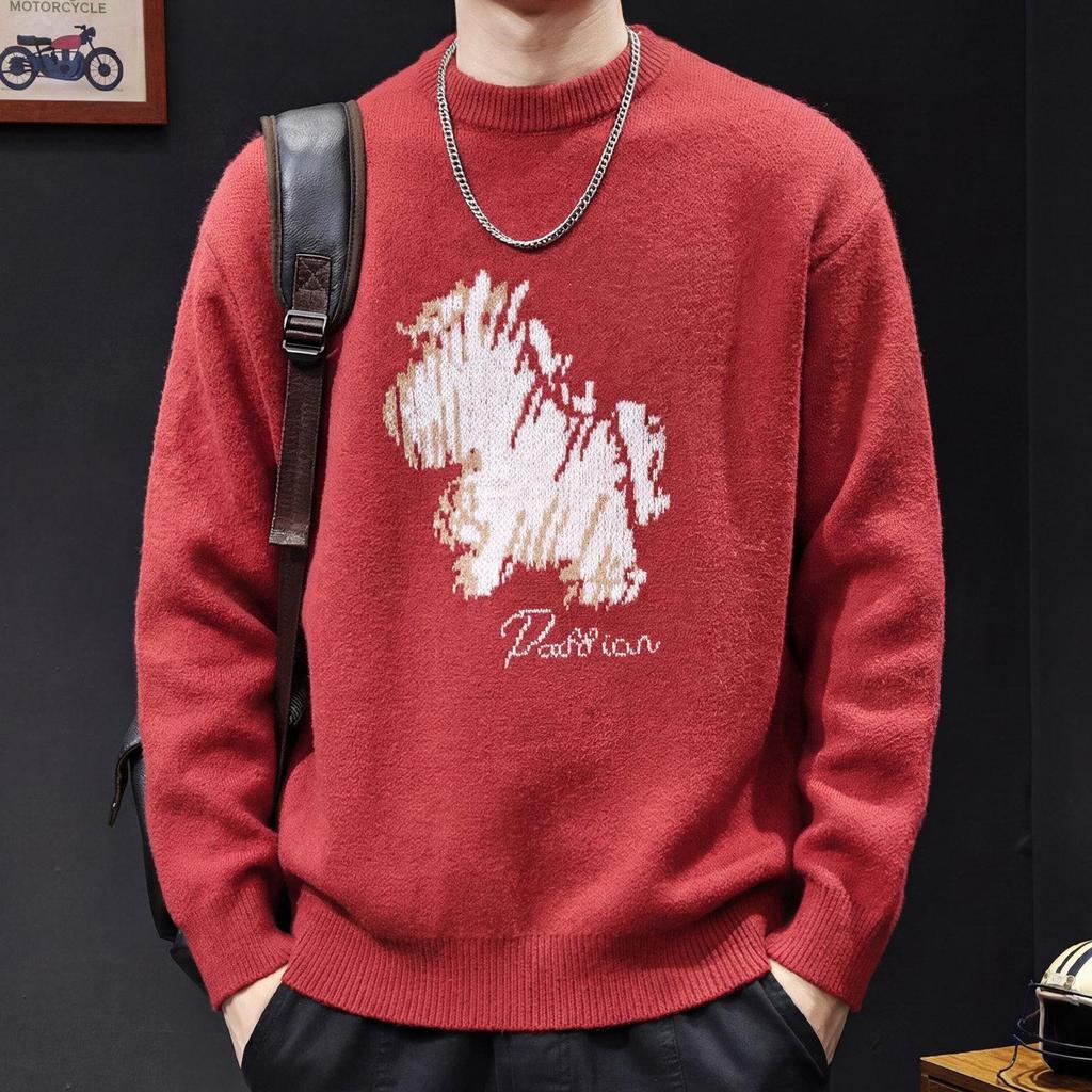 Men's Trendy Red Sweater - 2025 New Year Edition, Round Neck, Print Design, Lazy Style Knitwear, Plus Size Available