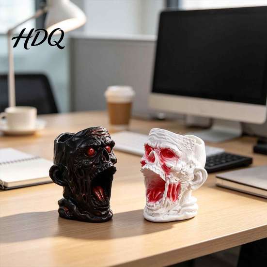 Stable Resin Pen Cup Gothic Skull Holder Realistic Zombie Head Makeup Brush Organizer Large Capacity Desktop Dark Home Office Decor Storage