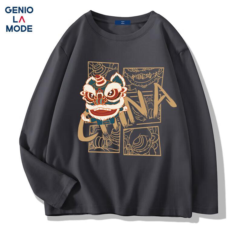 GENIOLAMODE Men's Chinese Trend Lion Dance Print Long Sleeve T-Shirt