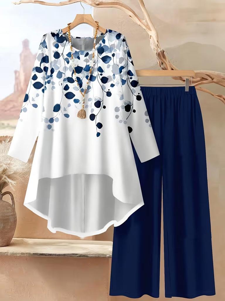 Abstract Polka Dot Short Sleeve Top and Wide Leg Pants Two Piece Set in Gray & Black