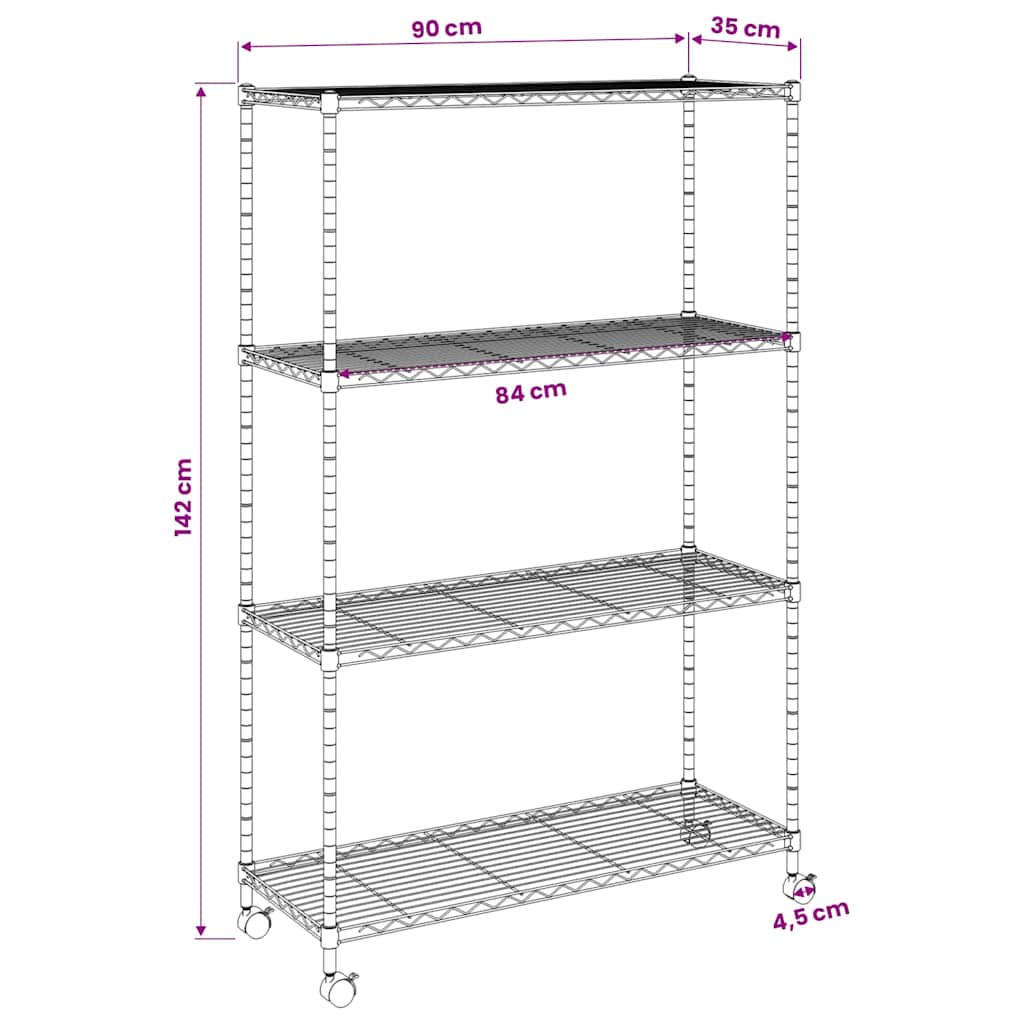 Storage Rack with 4 Shelves and Wheels 90x35x142 cm Black 200 kg