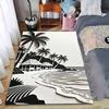 Tropical Beach Scene Carpet with Palm Trees and Huts In Black & White Suitable for Use As an Anti-slip for Living Room Bedroom Sofas