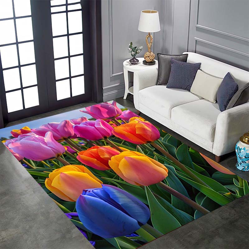 Vintage Floral Tulip Patterned Floor Mat, Non-slip, Machine Washable, Suitable for Living Rooms, Bedrooms, and Home Décor.