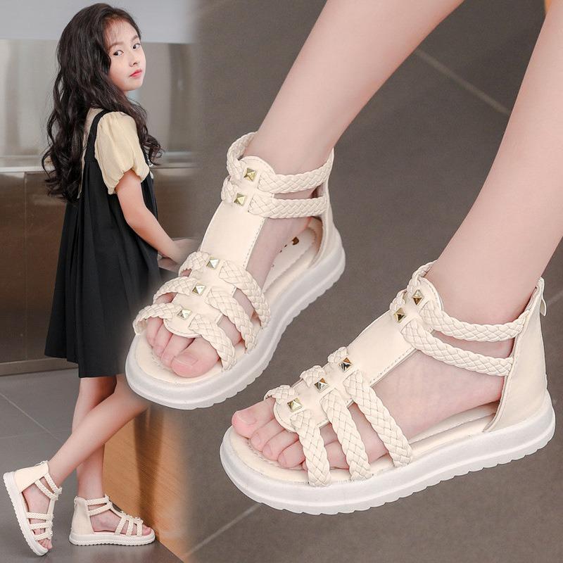 Stylish soft-soled peep-toe princess sandals for girls, suitable for kids of middle and older ages