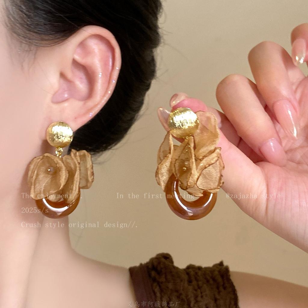 European and American retro fabric flower fringed leopard print earrings earrings personalized temperament earrings women