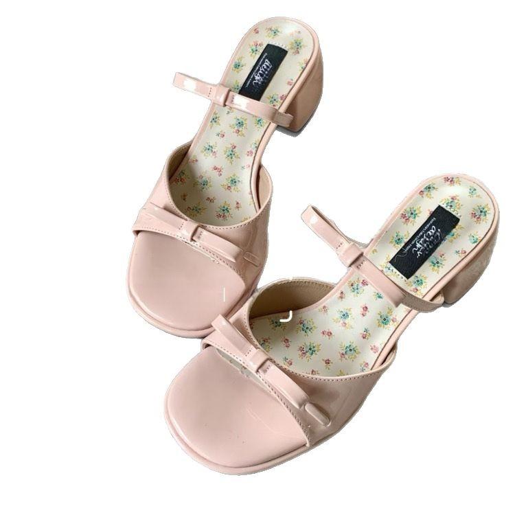 "Wonderful couple" small floral~ sweet wind thick heel sandals women's summer new bow word with wedge heel sandals