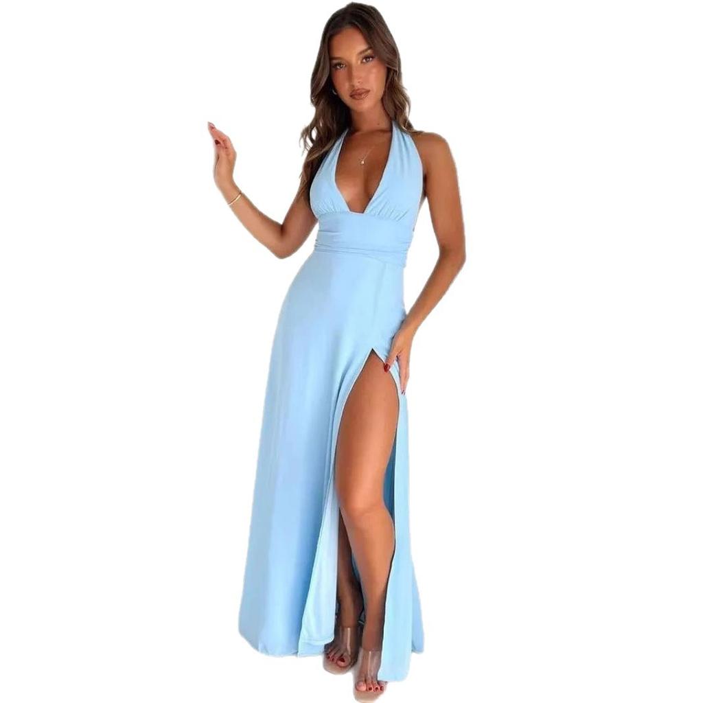 2026 European and American women's clothing spring models, neck V-neck slits, solid color thin long dresses are available directly from stock.
