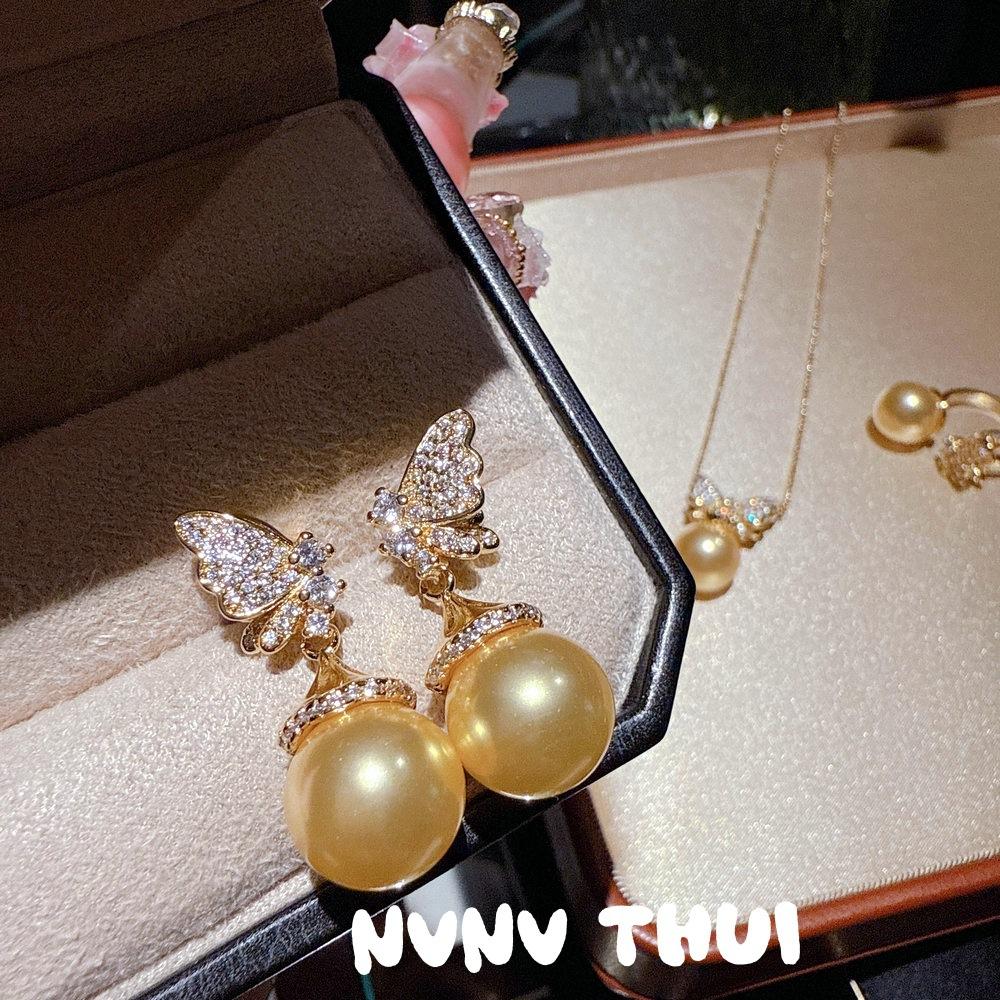 Jewelry, Riyao Gilt Thick Gold Pearl Butterfly Gemstone Necklace, Banquet Haute Couture Flower Butterfly Bead Earrings Set