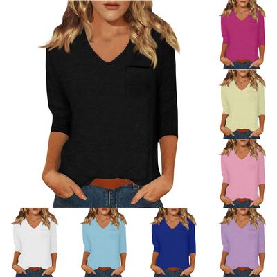 (avec des poches) T-shirt Haut Casual Quotidien Mode Femme Col en V Manches Sept-quarts Couleur