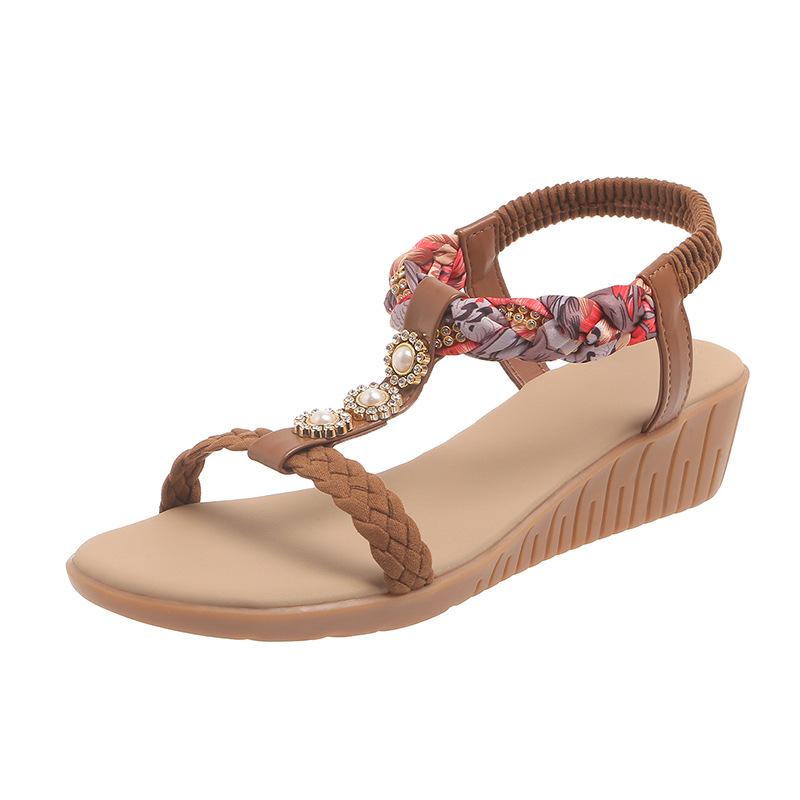 thick-soled wedges large-size sandals summer new bohemian beach sandals fashion versatile rhinestone mom sandals