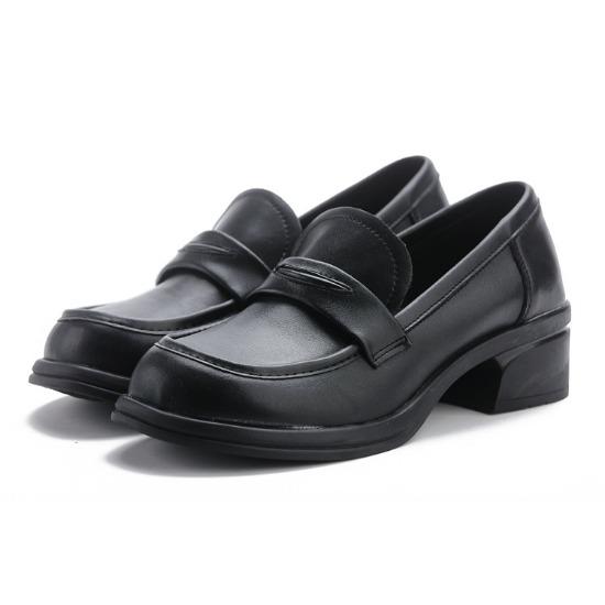 Cowhide Loafers Women's Shoes Genuine Leather Low Top Thick Heel Medium Heel Soft Sole Round Head Comfortable and Versatile Casual Office