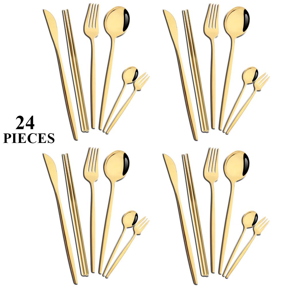 24Pcs White Gold Dinnerware Set Stainless Steel Tableware Knife Fork Spoons Teaspoon Chopsticks Cutlery Set Kitchen Flatware