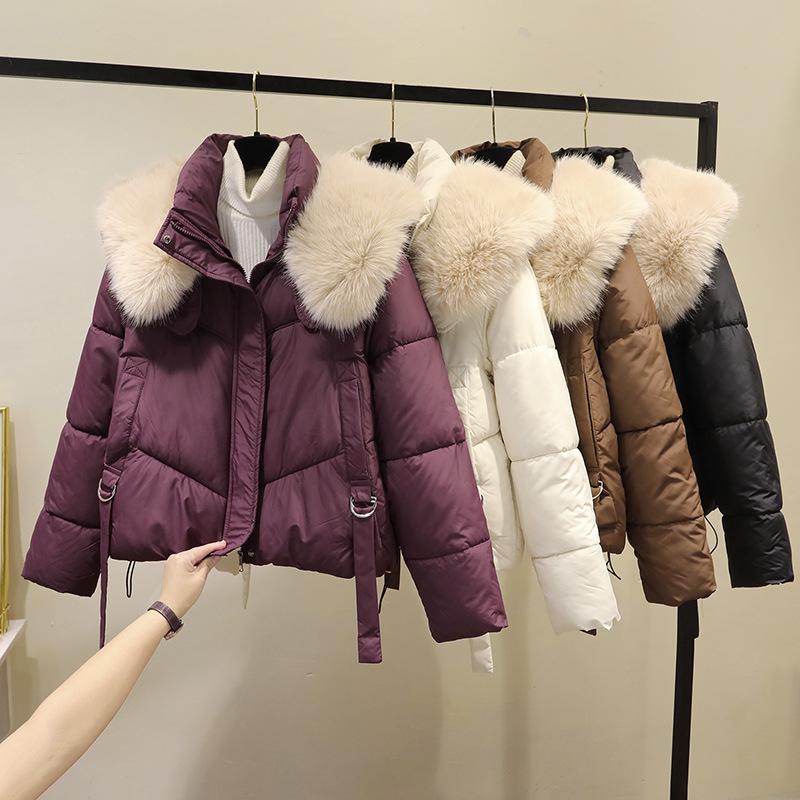 Xiaoxiangfeng Chlebová péřová bunda Dámská zimní krátká zateplená nadměrná s kožešinovým límcem