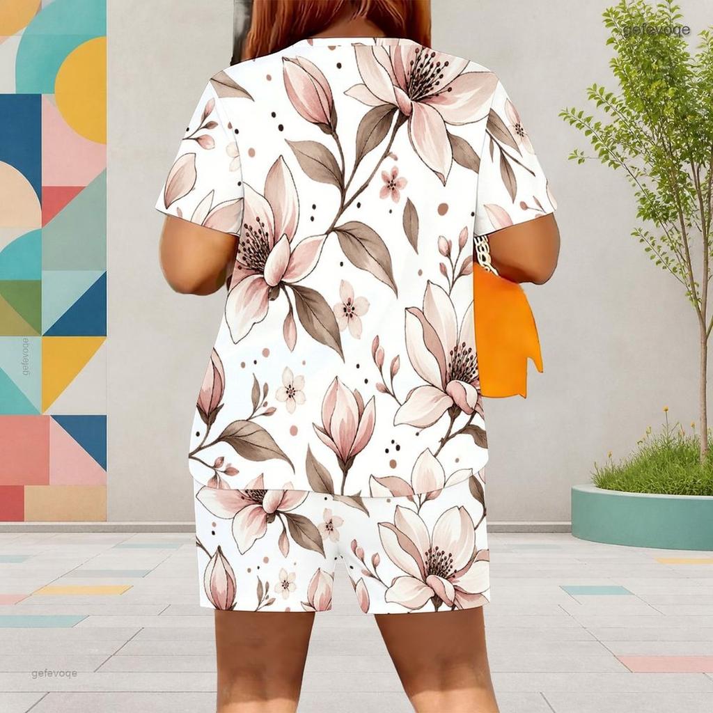 Women Plus Size Floral Printed Round Neck Short Sleeve Top Pocket Shorts Two Piece Set