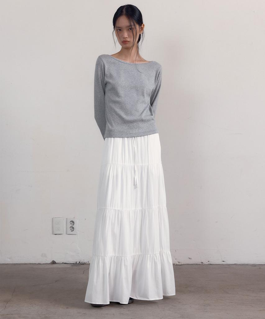 38 Come On Common Shirring Tiered Banding Skirts (White) - Long Length