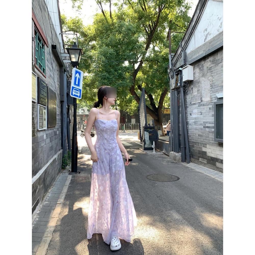 French unique and beautiful printing seaside suspender dress female super fairy vacation style atmosphere beach dress summer