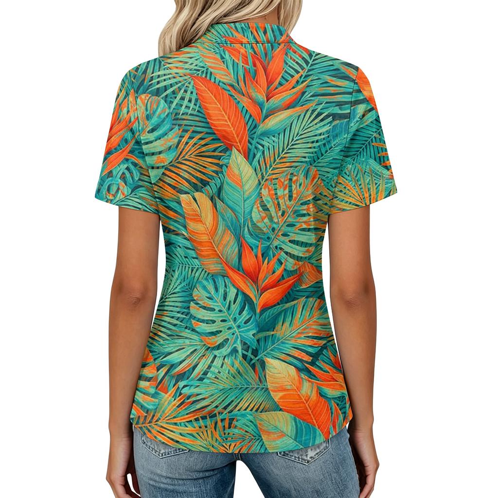 Women's Casual Polo Collar Short Sleeve Top Loose Fit Tropical Leaf Floral Print Shirt Summer Lightweight Blouse