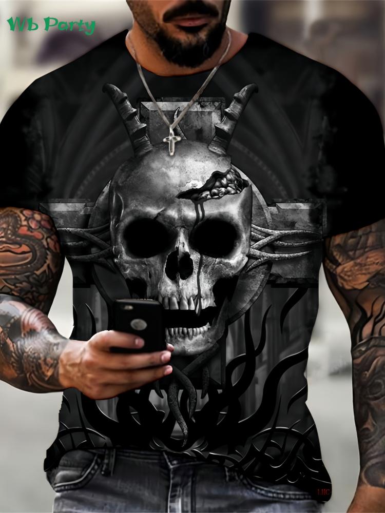 Retro skull 3D print men's T-shirt, summer street style men's top, fashionable round neck short-sleeved T-shirt, new loose fit men's clothing.