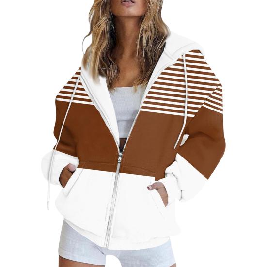 Women Fall Winter Hoodie Jacket Zipper Closure Loose Casual Striped Coat with Pockets Drawstring Hooded Long Sleeves Top